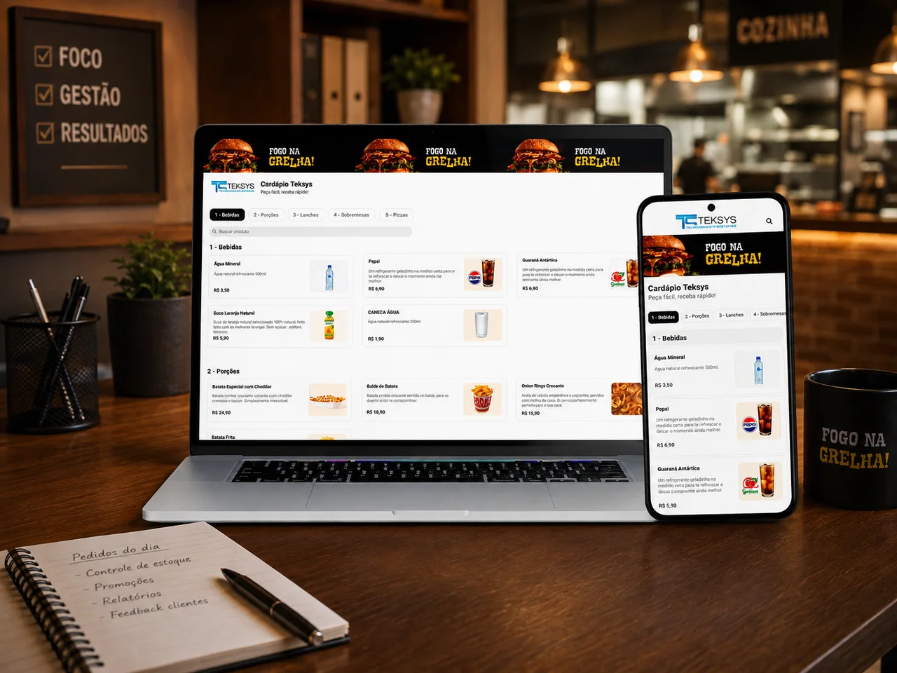 Cardápio TEKSYS apresentado em notebook e celular